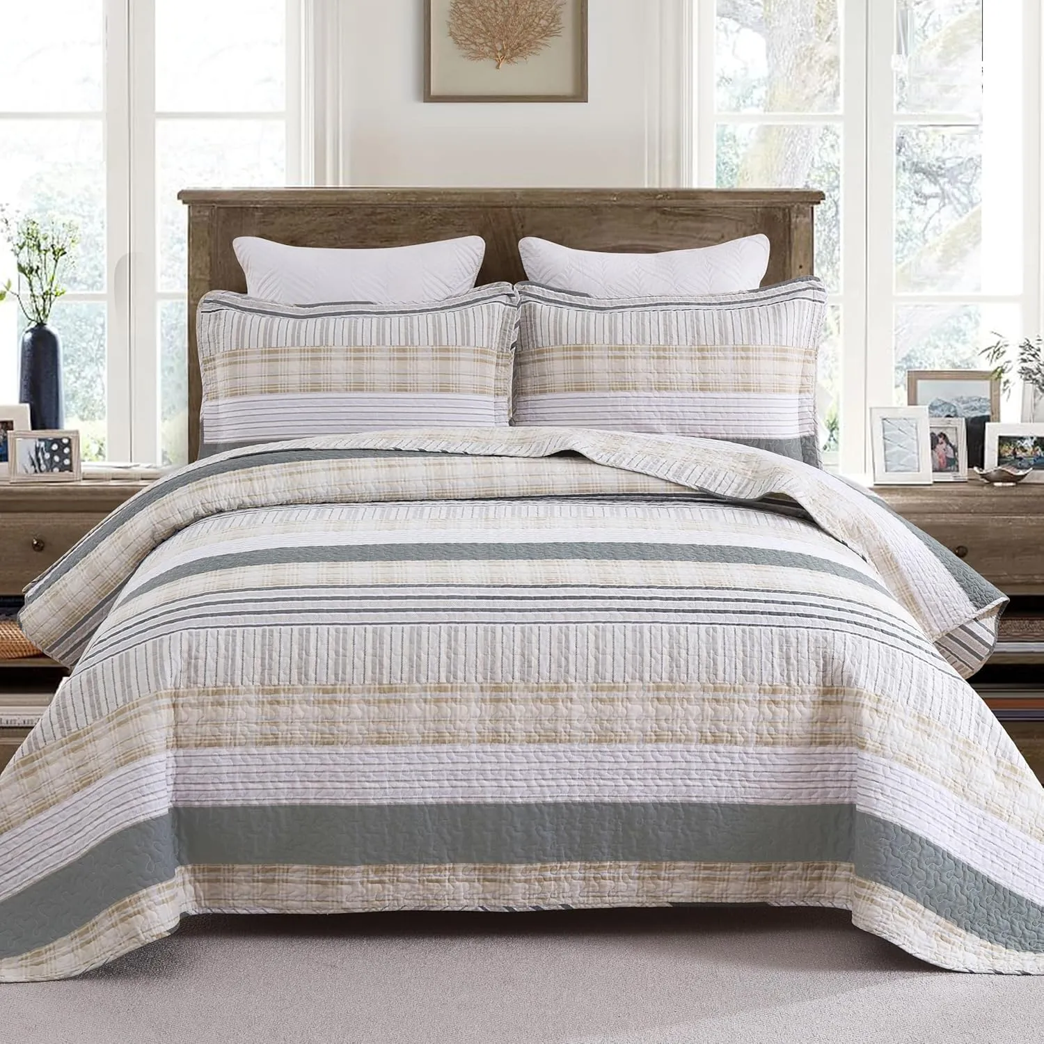 Homzard Quilt King Size - Cotton King Size Comforter,Beige Grey Plaid Bedding Set,Striped Bedspread Set(106 * 98 Inches),3 Piece