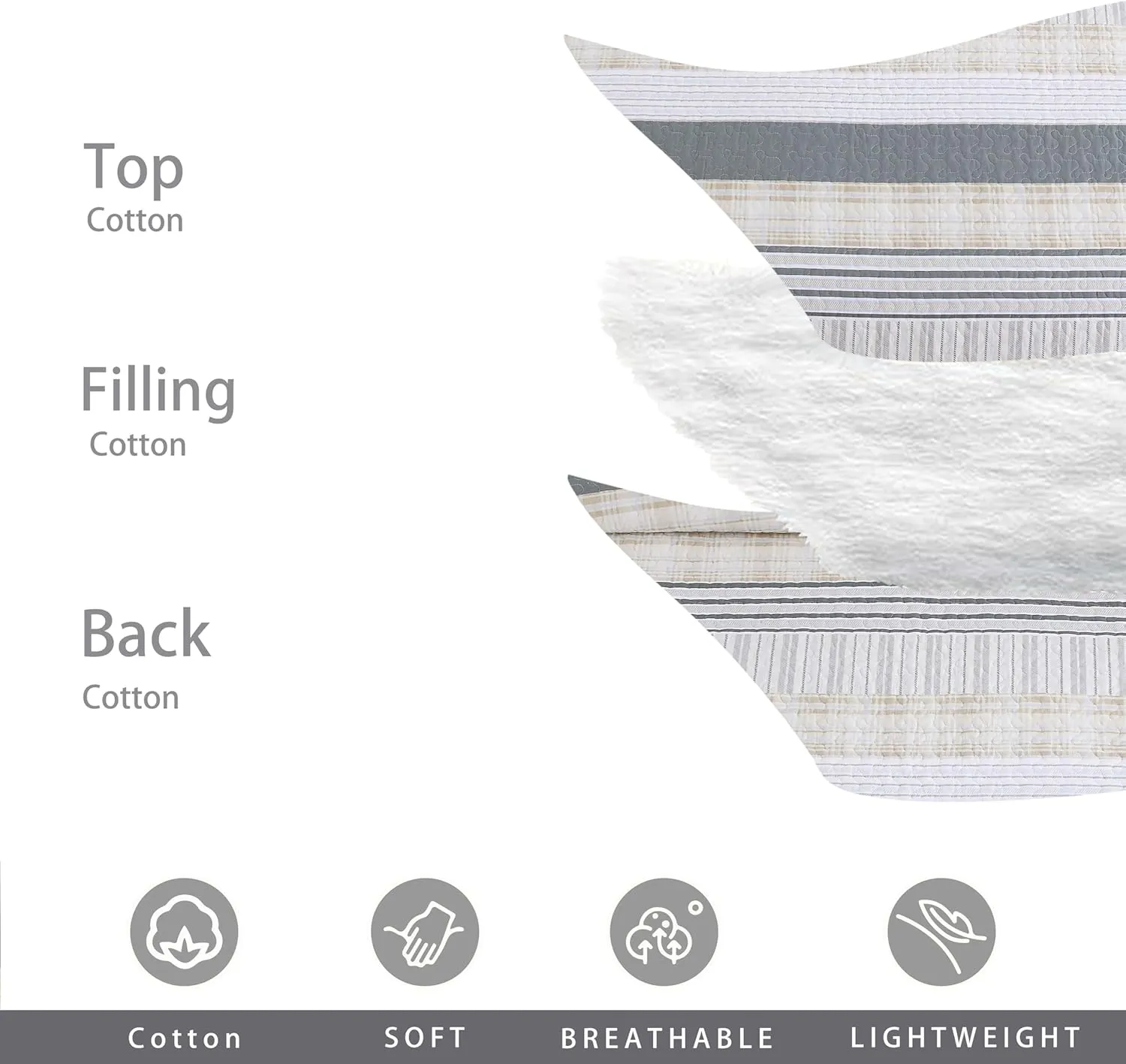 Homzard Quilt King Size - Cotton King Size Comforter,Beige Grey Plaid Bedding Set,Striped Bedspread Set(106 * 98 Inches),3 Piece