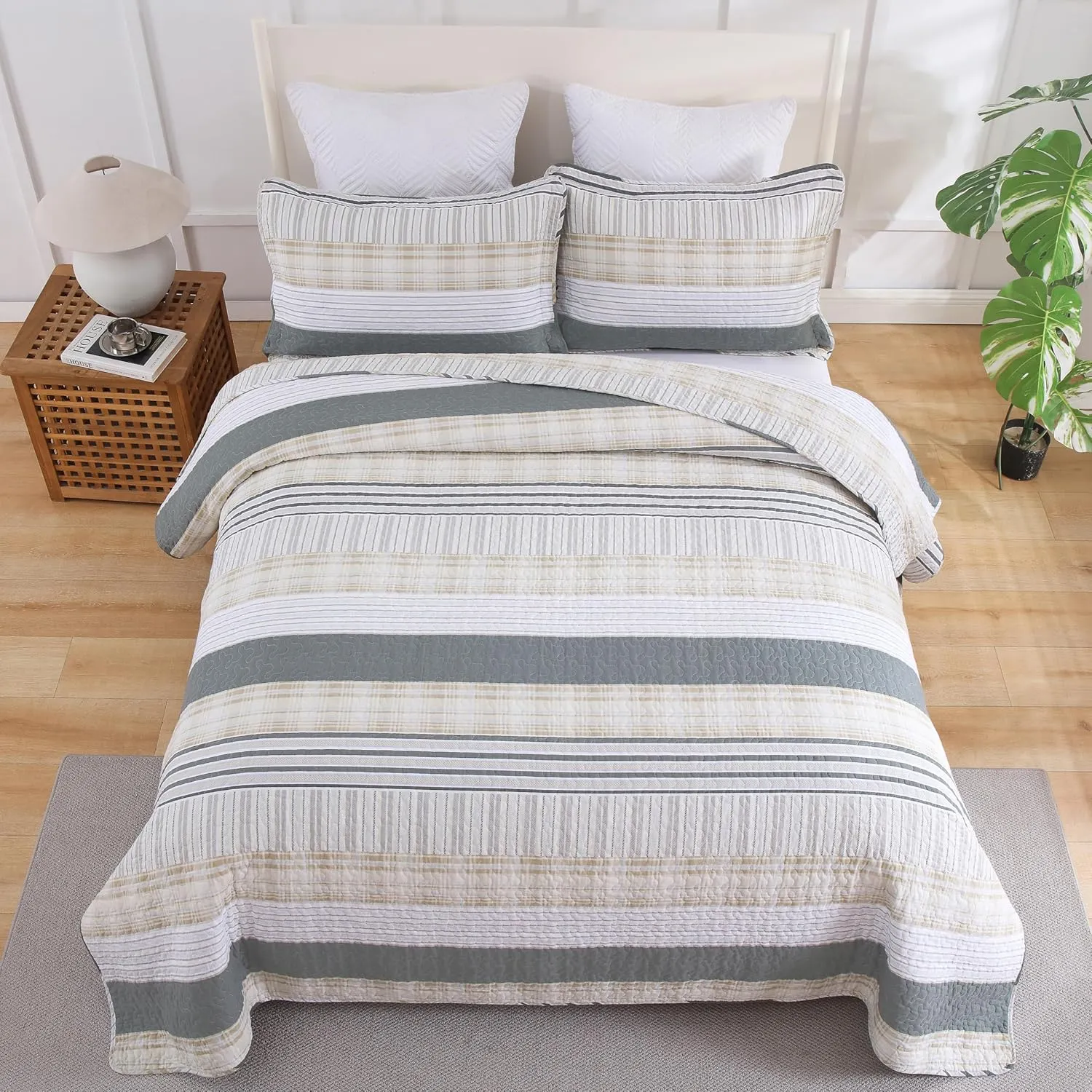 Homzard Quilt King Size - Cotton King Size Comforter,Beige Grey Plaid Bedding Set,Striped Bedspread Set(106 * 98 Inches),3 Piece