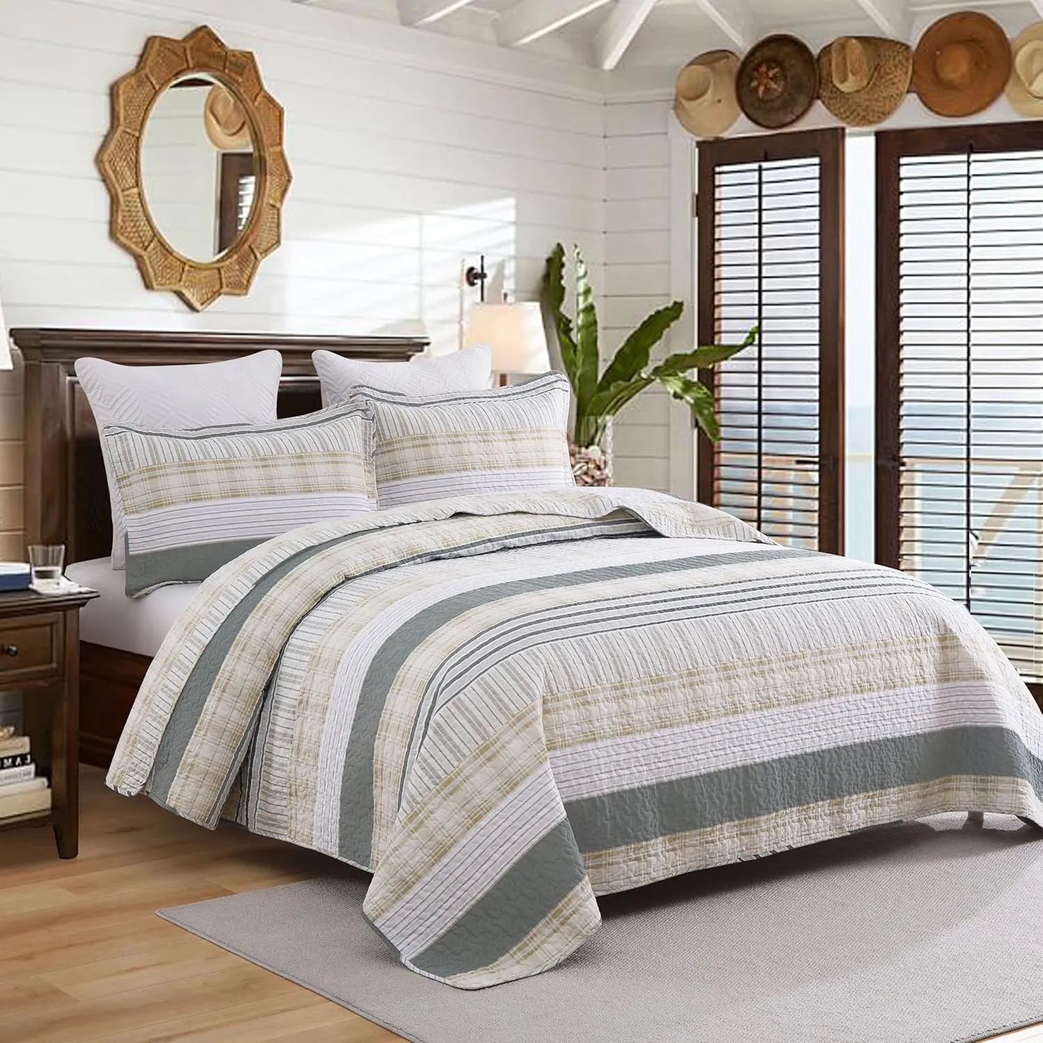 Homzard Quilt King Size - Cotton King Size Comforter,Beige Grey Plaid Bedding Set,Striped Bedspread Set(106 * 98 Inches),3 Piece