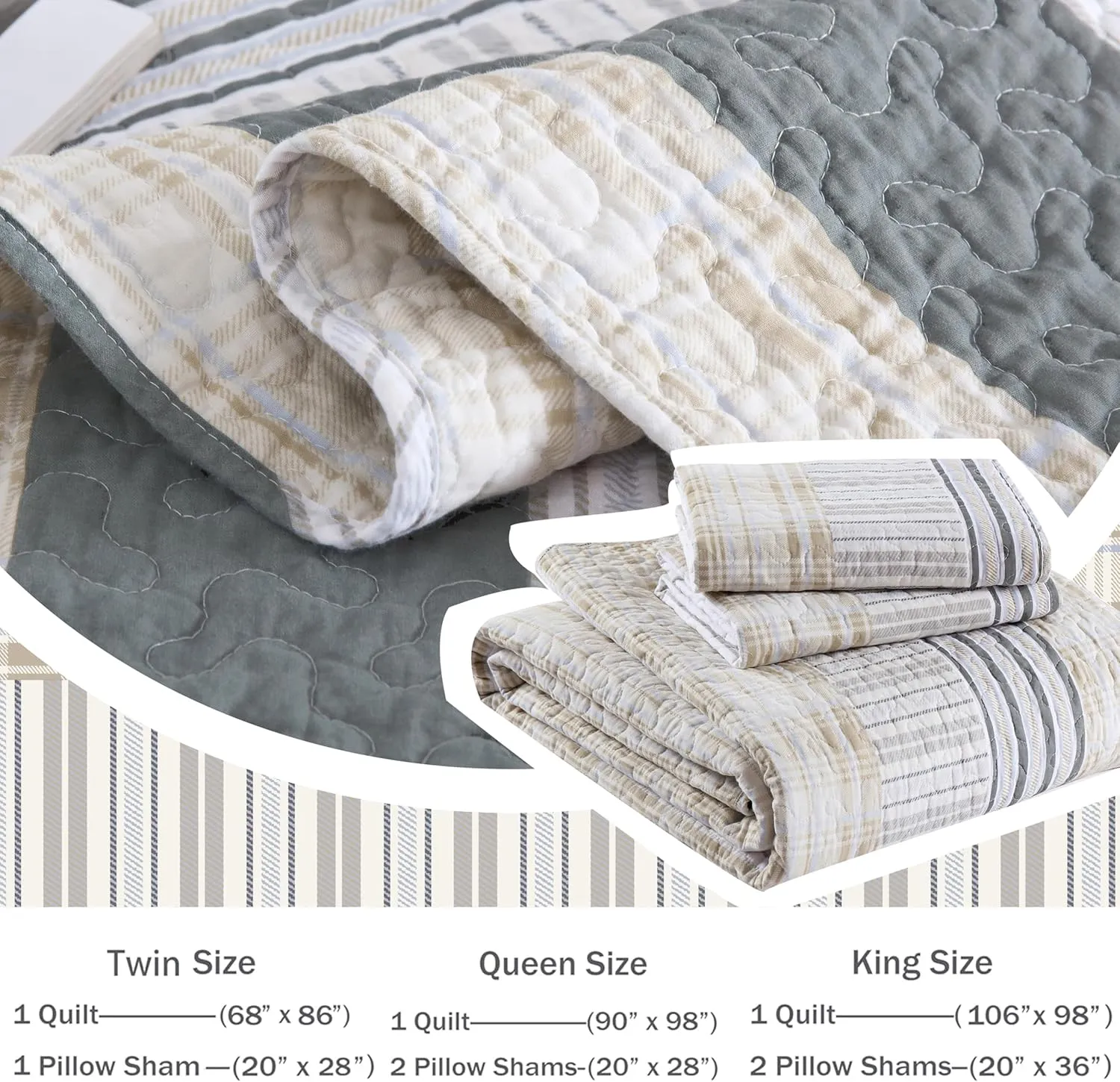Homzard Quilt King Size - Cotton King Size Comforter,Beige Grey Plaid Bedding Set,Striped Bedspread Set(106 * 98 Inches),3 Piece