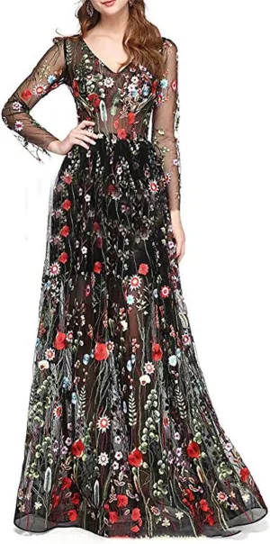 Honeydress Women's Embroidered Long Sleeve Maxi Dress