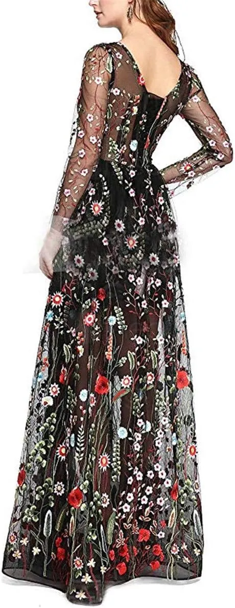 Honeydress Women's Embroidered Long Sleeve Maxi Dress