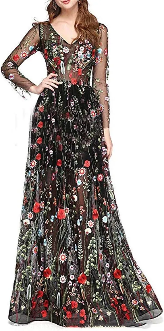Honeydress Women's Embroidered Long Sleeve Maxi Dress