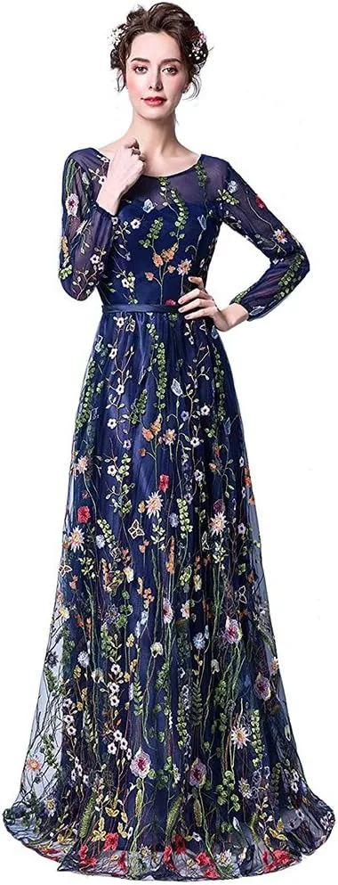 Honeydress Women's Embroidered Long Sleeve Maxi Dress