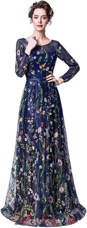Honeydress Women's Embroidered Long Sleeve Maxi Dress