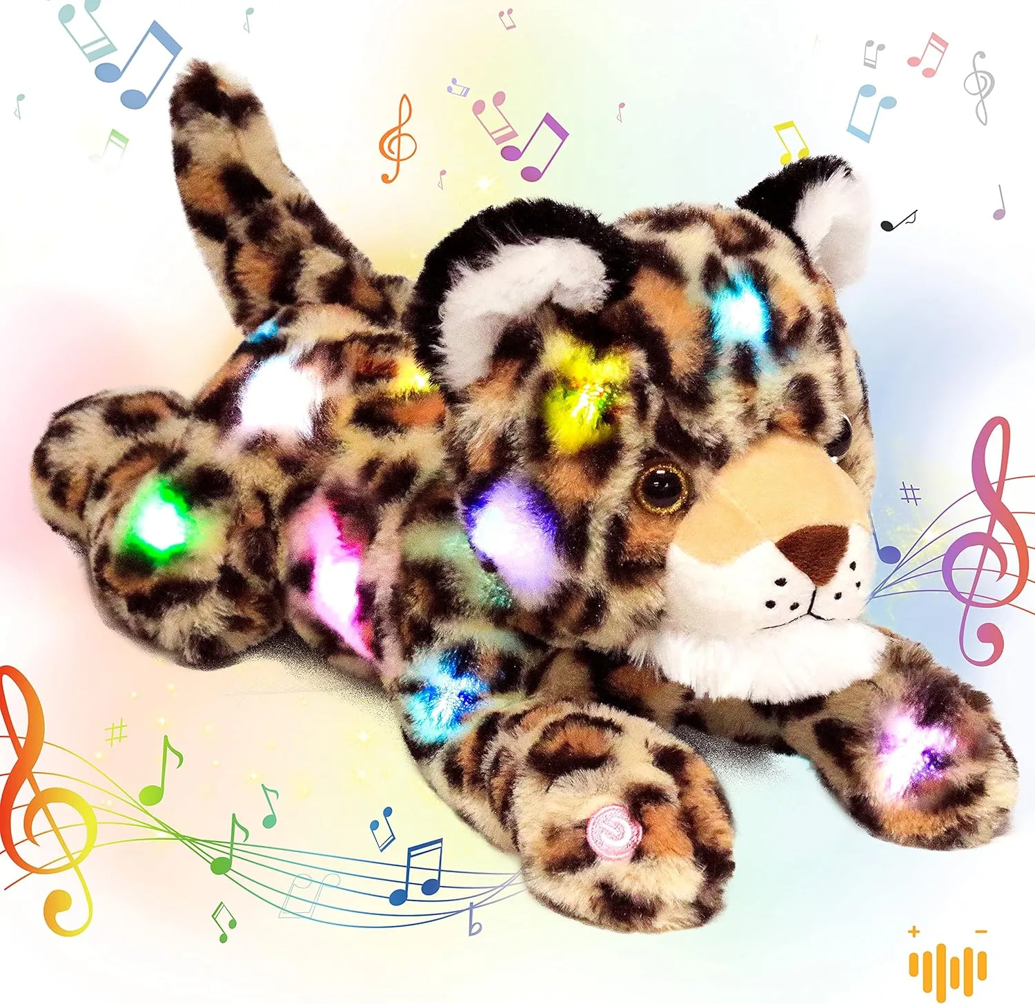 Hopearl LED Musical Stuffed Cheetah Lighting Up Singing Plush Leopard Toy Adjustable Volume Lullaby Animated Soothe Birthday Festival for Kids Toddlers Boys, 14''