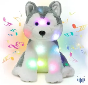 Hopearl LED Musical Stuffed Husky Light up Singing Plush Dog Adjustable Volume Lullaby Animated Soothe Birthday Festival for Kids Toddler Girls, Gray, 12''