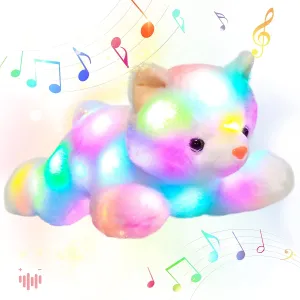 Hopearl LED Musical Stuffed Kitty Lighting Up Singing Plush Cat Adjustable Volume Lullaby Animated Soothe Birthday Festival for Kids Toddler Girls, White, 16''