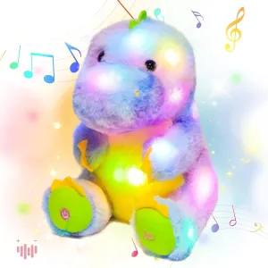 Hopearl LED Musical T-Rex Colorful Stuffed Girly Dinosaur Lighting Up Singing Plush Toy Adjustable Volume Lullaby Animated Soothe Birthday Festival for Kids Toddlers, Rainbow, 10.5''