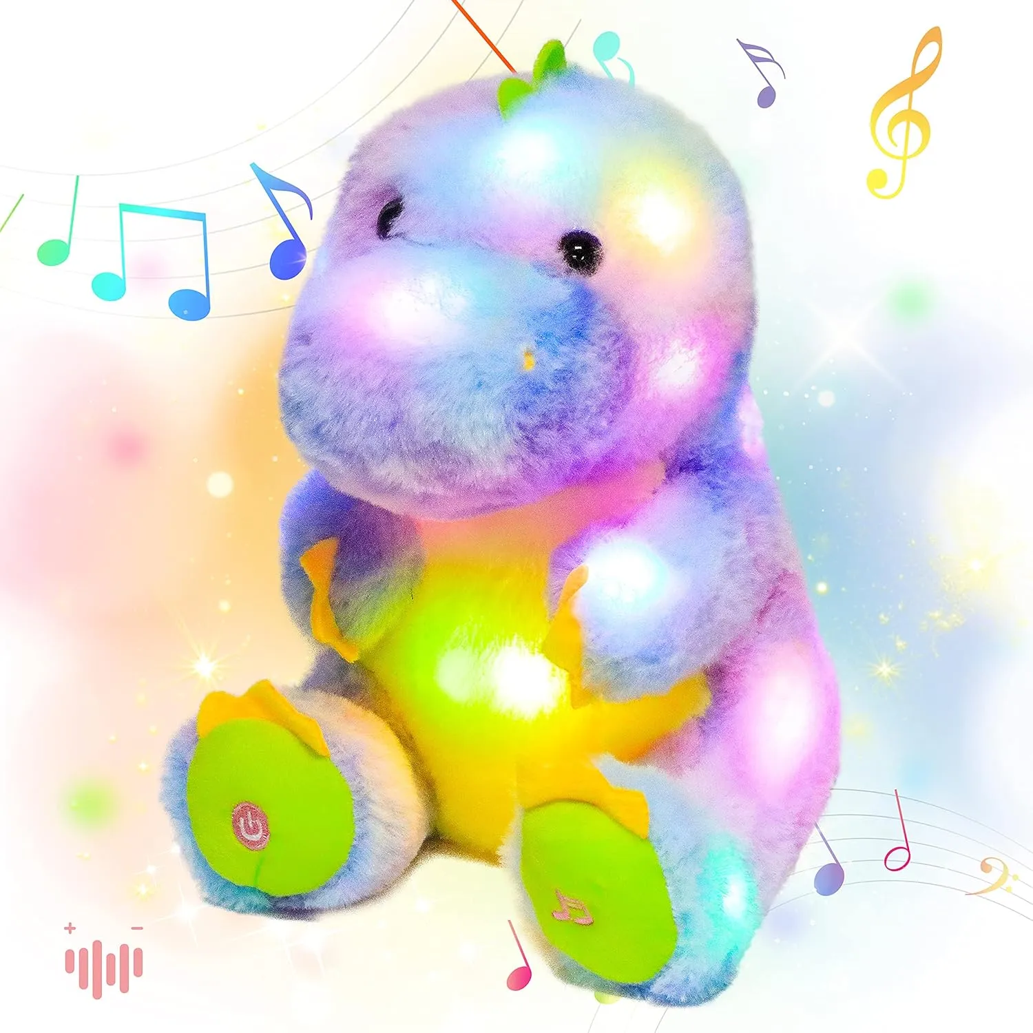 Hopearl LED Musical T-Rex Colorful Stuffed Girly Dinosaur Lighting Up Singing Plush Toy Adjustable Volume Lullaby Animated Soothe Birthday Festival for Kids Toddlers, Rainbow, 10.5''