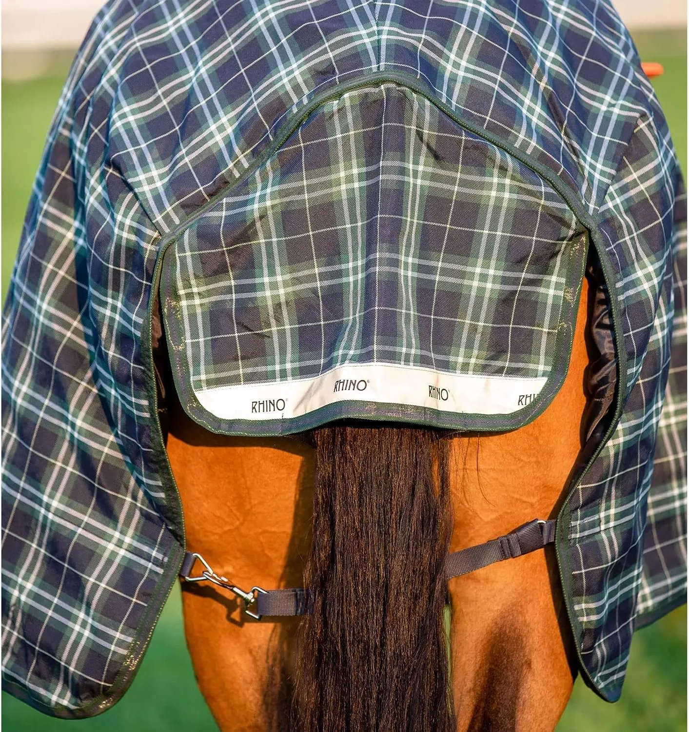 HORSEWARE Ireland Rhino Wug Lite Durable Waterproof Breathable Horse Turnout Blanket - 100g Fill - Hunter Check/Green & Navy, 75