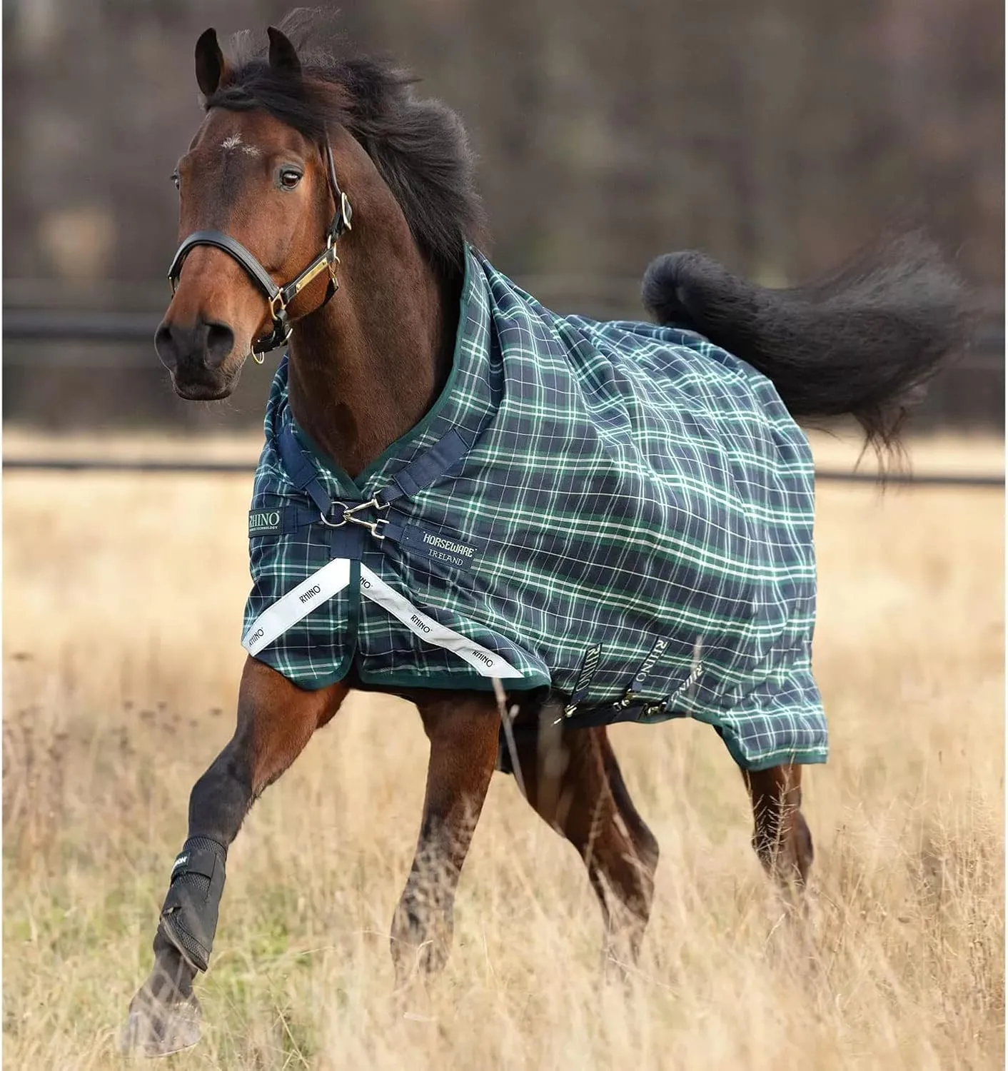 HORSEWARE Ireland Rhino Wug Lite Durable Waterproof Breathable Horse Turnout Blanket - 100g Fill - Hunter Check/Green & Navy, 75