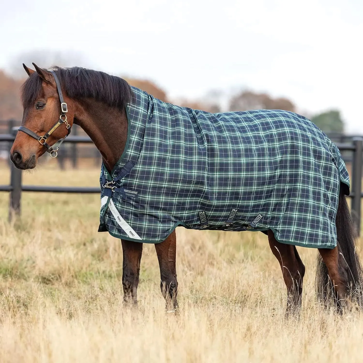 HORSEWARE Ireland Rhino Wug Lite Durable Waterproof Breathable Horse Turnout Blanket - 100g Fill - Hunter Check/Green & Navy, 75