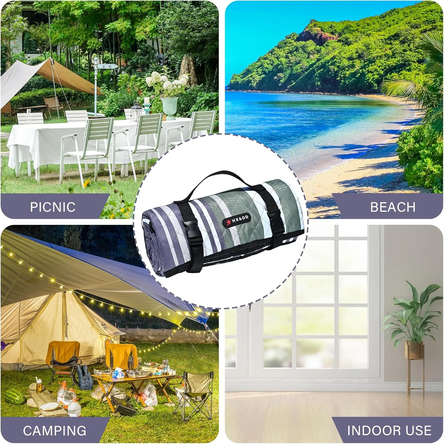 HX&OD Outdoor Picnic Blanket Extra Large, 80''*60'' Waterproof Picnic Mat with Stakes Foldable Camping Blanket Portable with Carry Strap for Beach Mat (Green, 80''*60'')