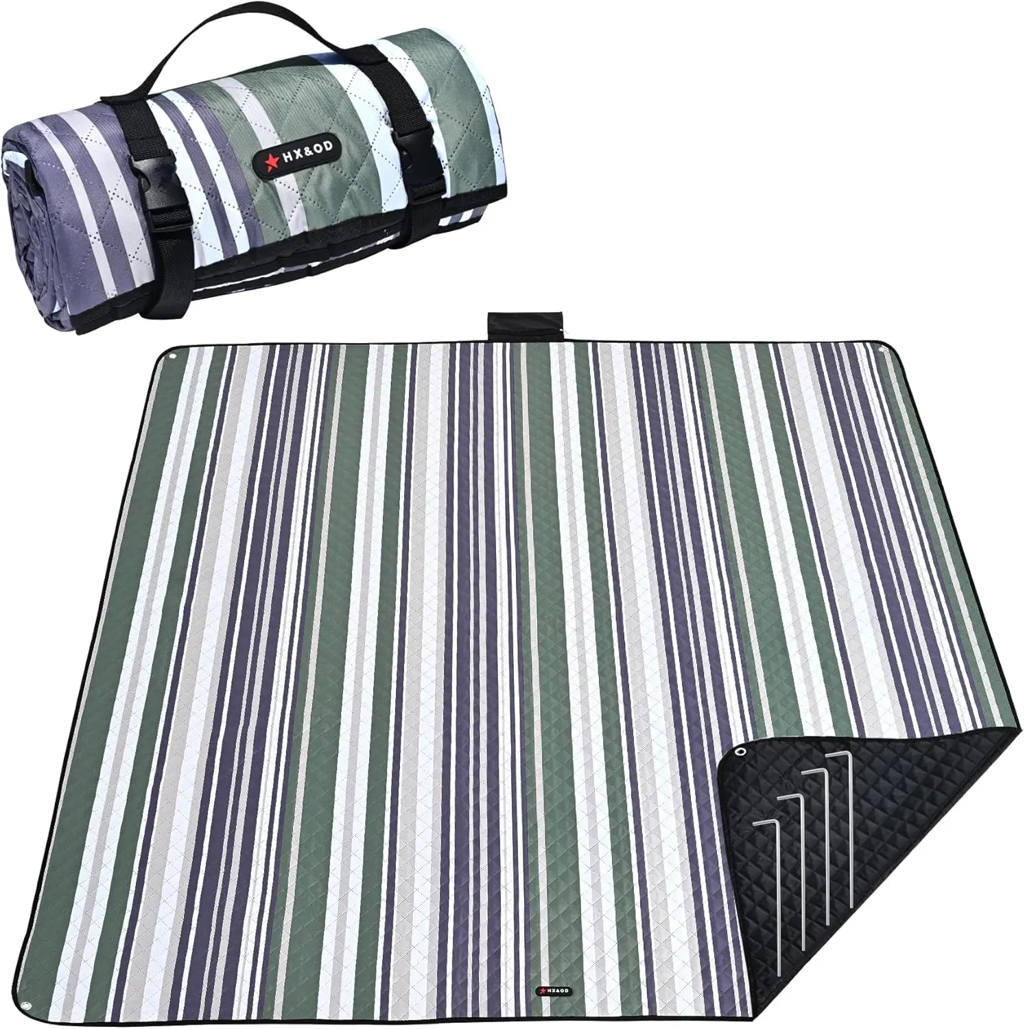 HX&OD Outdoor Picnic Blanket Extra Large, 80''*60'' Waterproof Picnic Mat with Stakes Foldable Camping Blanket Portable with Carry Strap for Beach Mat (Green, 80''*60'')
