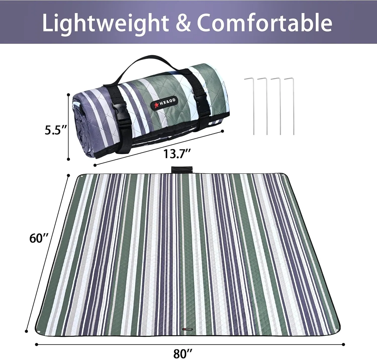 HX&OD Outdoor Picnic Blanket Extra Large, 80''*60'' Waterproof Picnic Mat with Stakes Foldable Camping Blanket Portable with Carry Strap for Beach Mat (Green, 80''*60'')