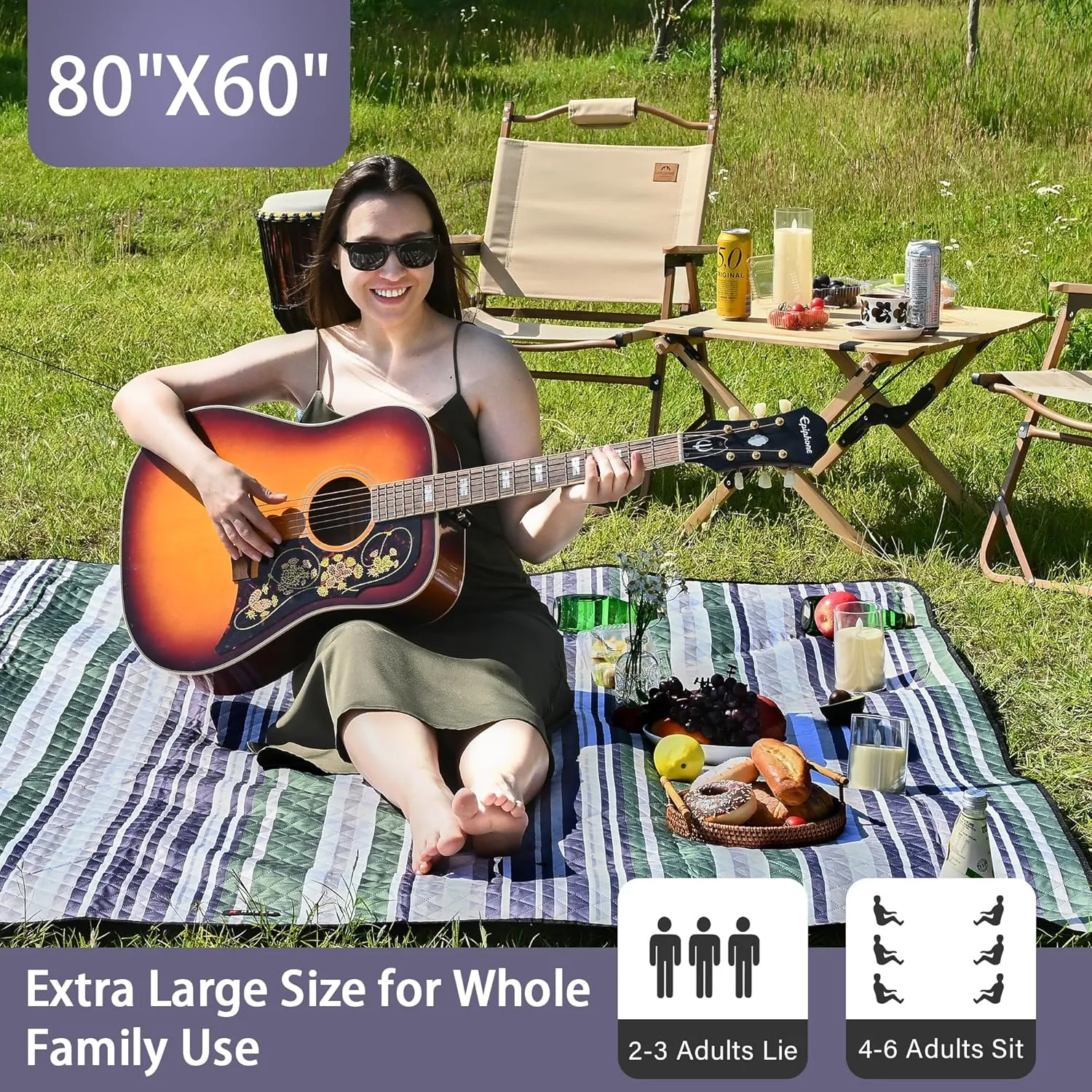 HX&OD Outdoor Picnic Blanket Extra Large, 80''*60'' Waterproof Picnic Mat with Stakes Foldable Camping Blanket Portable with Carry Strap for Beach Mat (Green, 80''*60'')