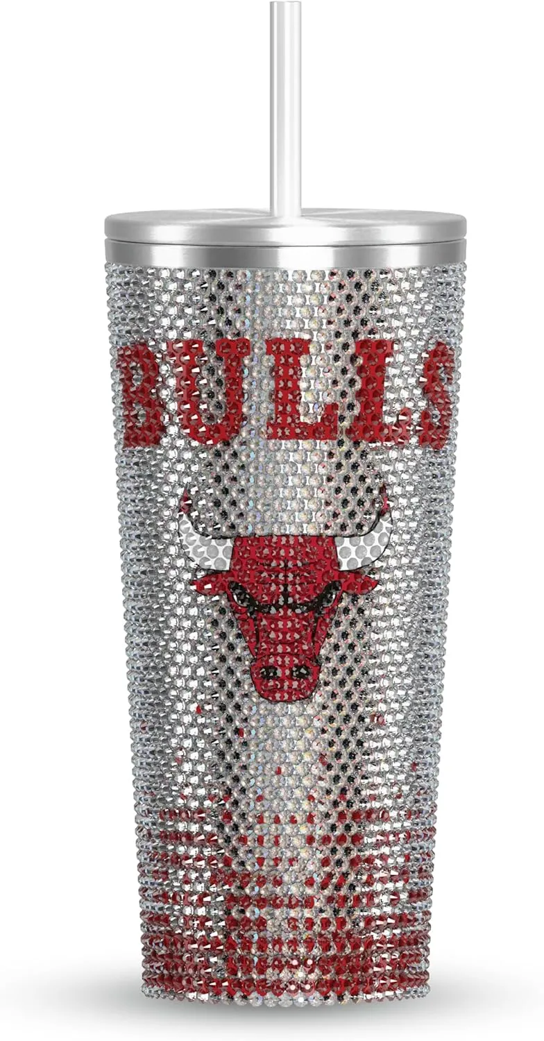Hydrapeak x NBA Officially Licensed Chicago Bulls 25 oz Rhinestone Bling Tumbler with Straw Lid, Glitter Leakproof Stainless Steel Water Bottle