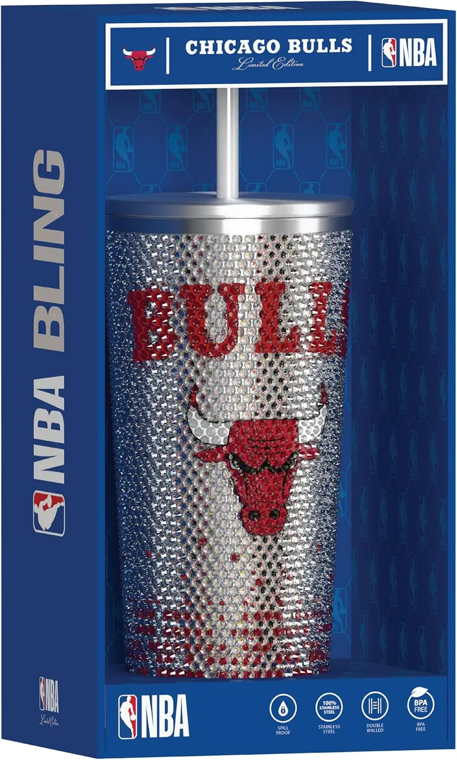 Hydrapeak x NBA Officially Licensed Chicago Bulls 25 oz Rhinestone Bling Tumbler with Straw Lid, Glitter Leakproof Stainless Steel Water Bottle