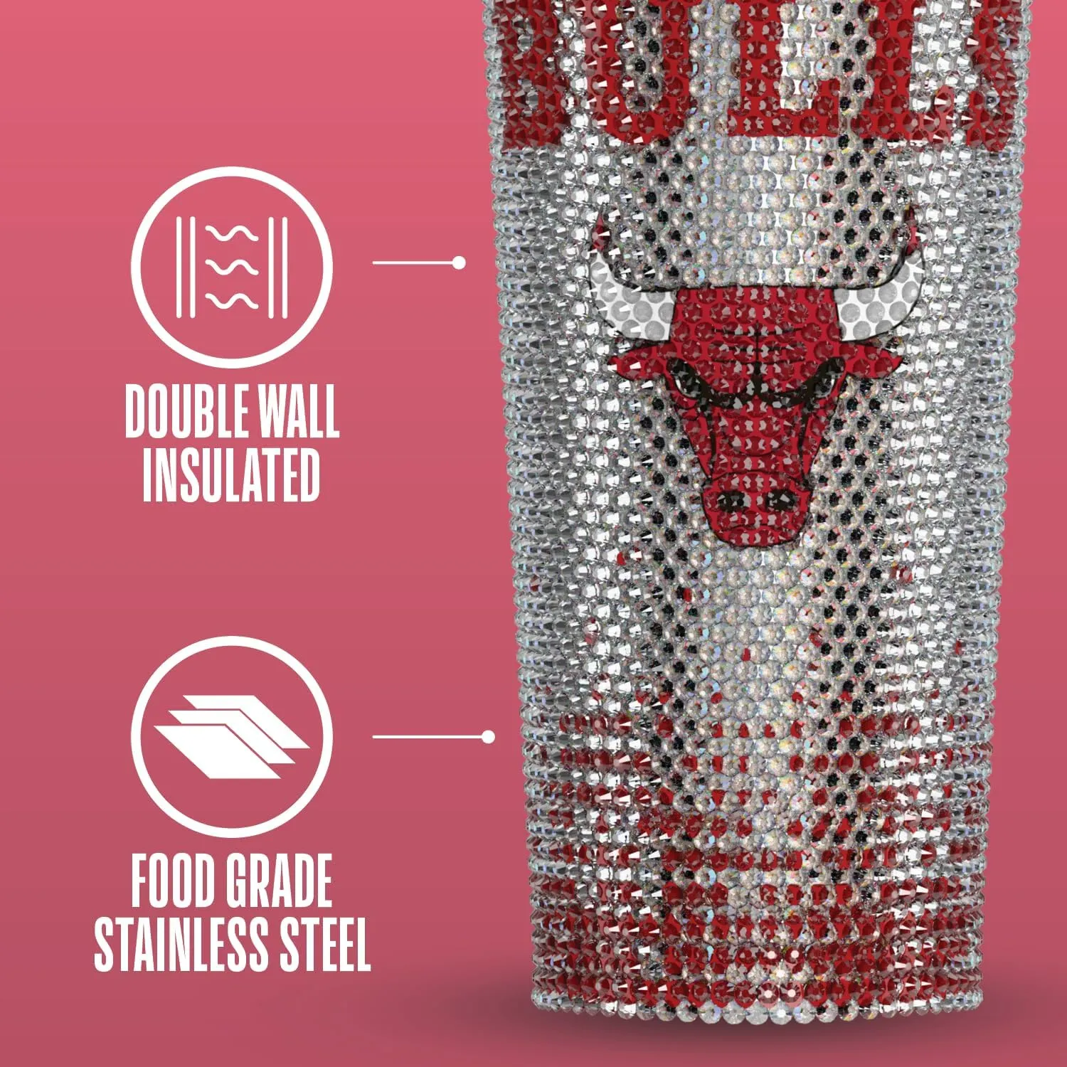 Hydrapeak x NBA Officially Licensed Chicago Bulls 25 oz Rhinestone Bling Tumbler with Straw Lid, Glitter Leakproof Stainless Steel Water Bottle