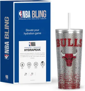 Hydrapeak x NBA Officially Licensed Chicago Bulls 25 oz Rhinestone Bling Tumbler with Straw Lid, Glitter Leakproof Stainless Steel Water Bottle