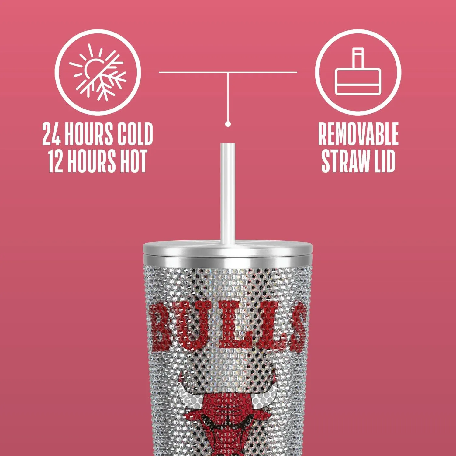 Hydrapeak x NBA Officially Licensed Chicago Bulls 25 oz Rhinestone Bling Tumbler with Straw Lid, Glitter Leakproof Stainless Steel Water Bottle