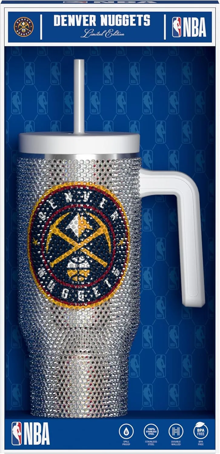 Hydrapeak x NBA Officially Licensed Denver Nuggets Voyager 40 oz Stainless Steel Bling Tumbler with Handle, Insulated Rhinestone Water Bottle With Straw & Lid, Includes Gift Box