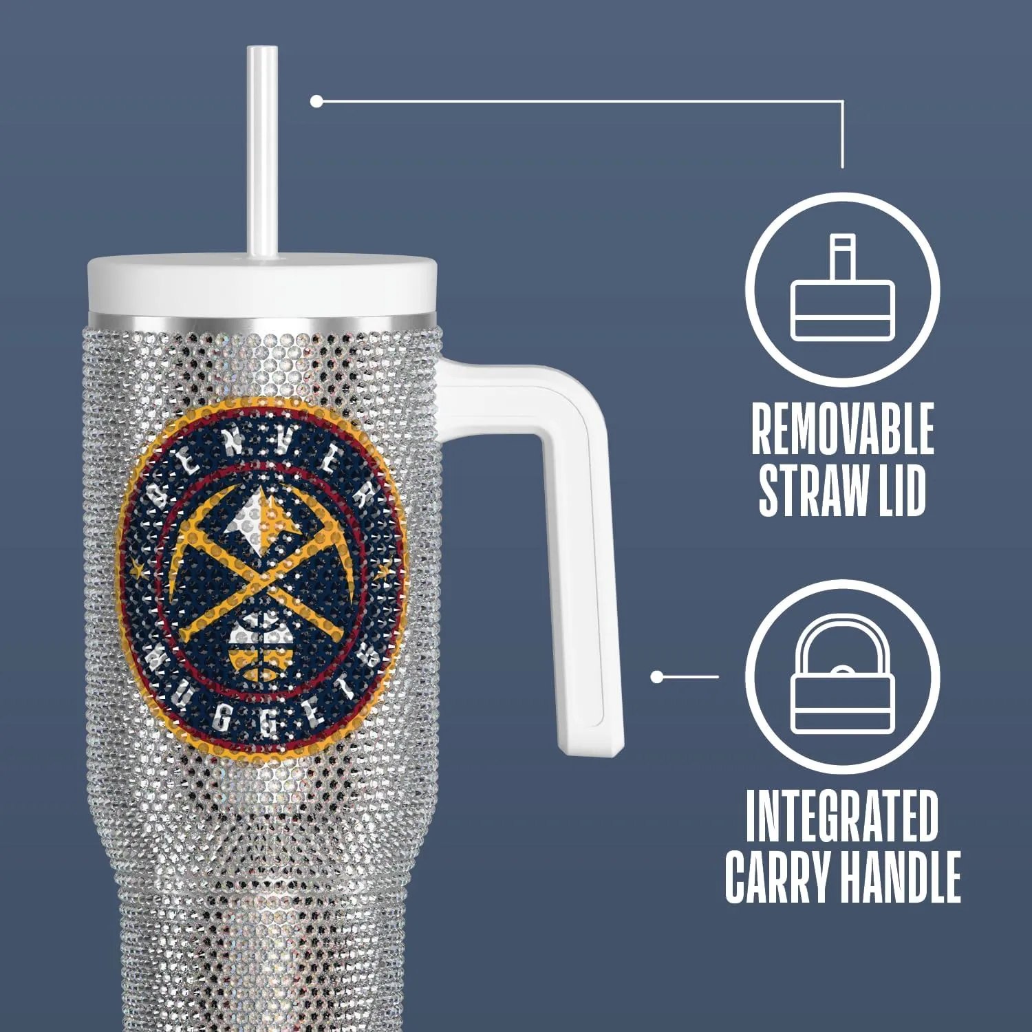 Hydrapeak x NBA Officially Licensed Denver Nuggets Voyager 40 oz Stainless Steel Bling Tumbler with Handle, Insulated Rhinestone Water Bottle With Straw & Lid, Includes Gift Box
