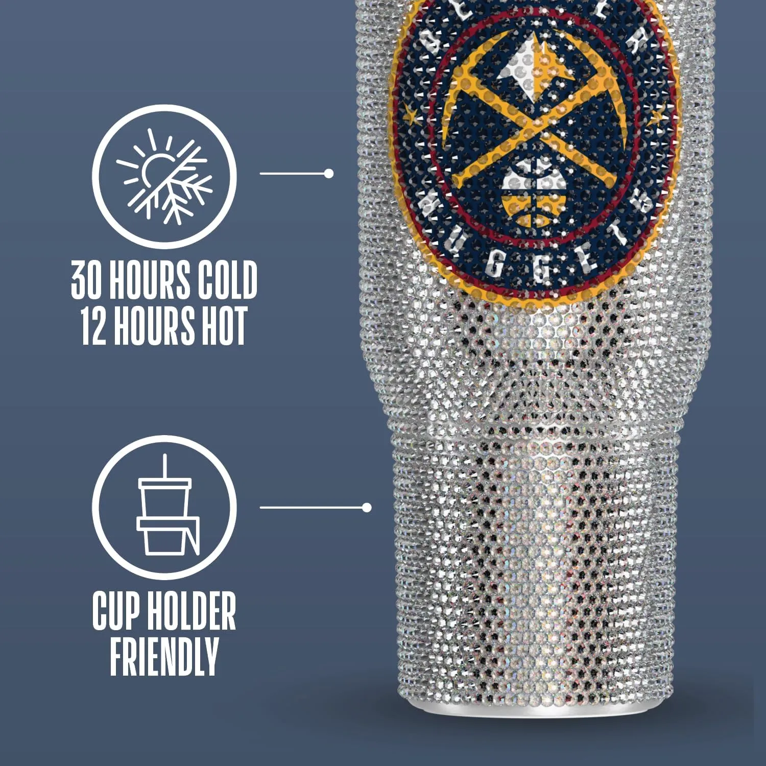 Hydrapeak x NBA Officially Licensed Denver Nuggets Voyager 40 oz Stainless Steel Bling Tumbler with Handle, Insulated Rhinestone Water Bottle With Straw & Lid, Includes Gift Box