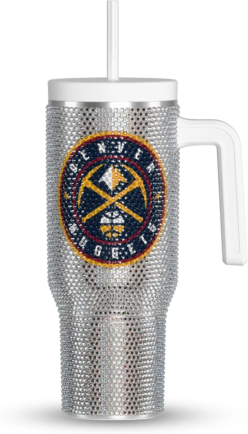 Hydrapeak x NBA Officially Licensed Denver Nuggets Voyager 40 oz Stainless Steel Bling Tumbler with Handle, Insulated Rhinestone Water Bottle With Straw & Lid, Includes Gift Box