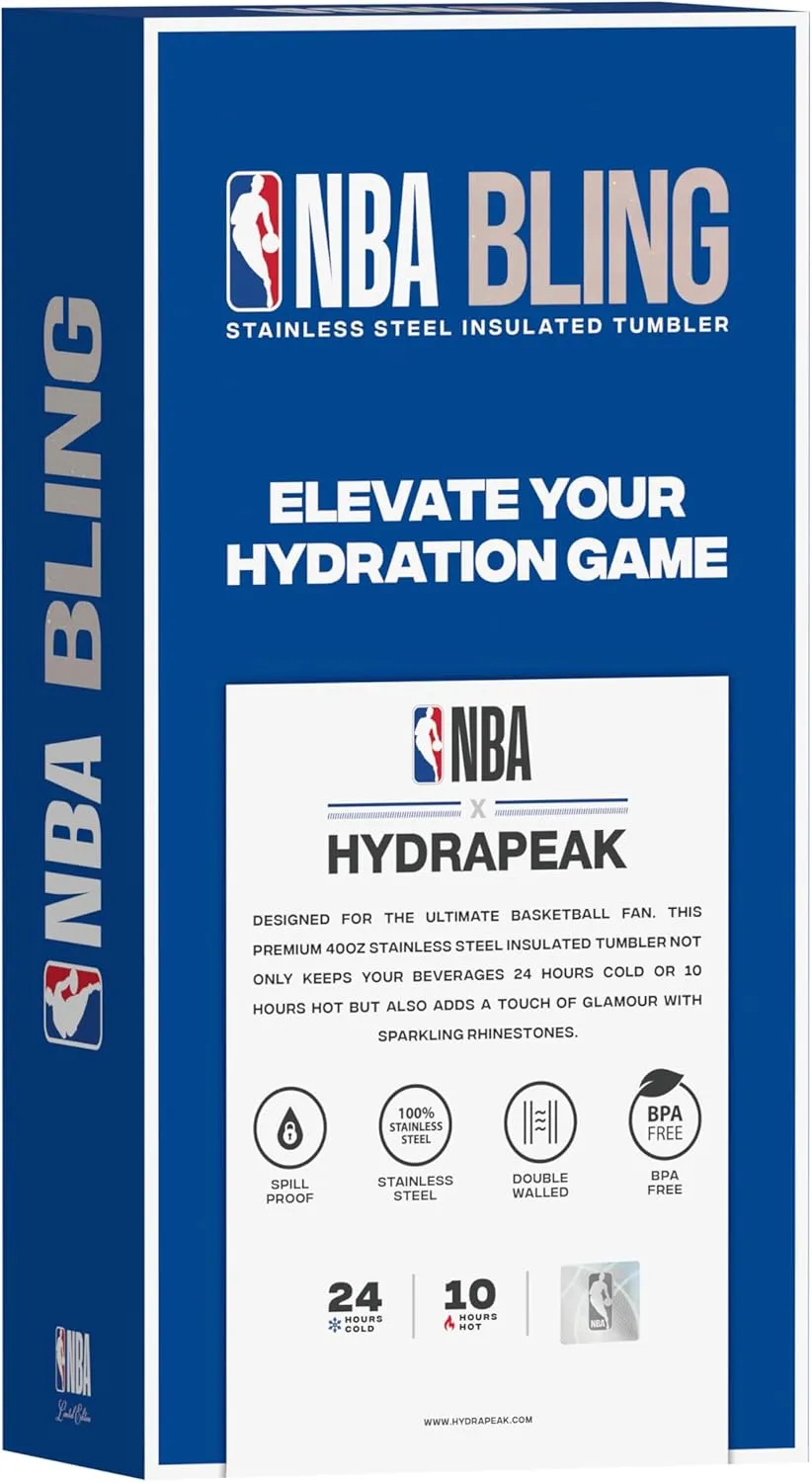 Hydrapeak x NBA Officially Licensed Denver Nuggets Voyager 40 oz Stainless Steel Bling Tumbler with Handle, Insulated Rhinestone Water Bottle With Straw & Lid, Includes Gift Box