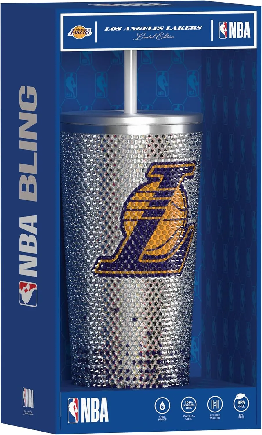 Hydrapeak x NBA Officially Licensed Los Angeles Lakers 25 oz Rhinestone Bling Tumbler with Straw Lid, Glitter Leakproof Stainless Steel Water Bottle