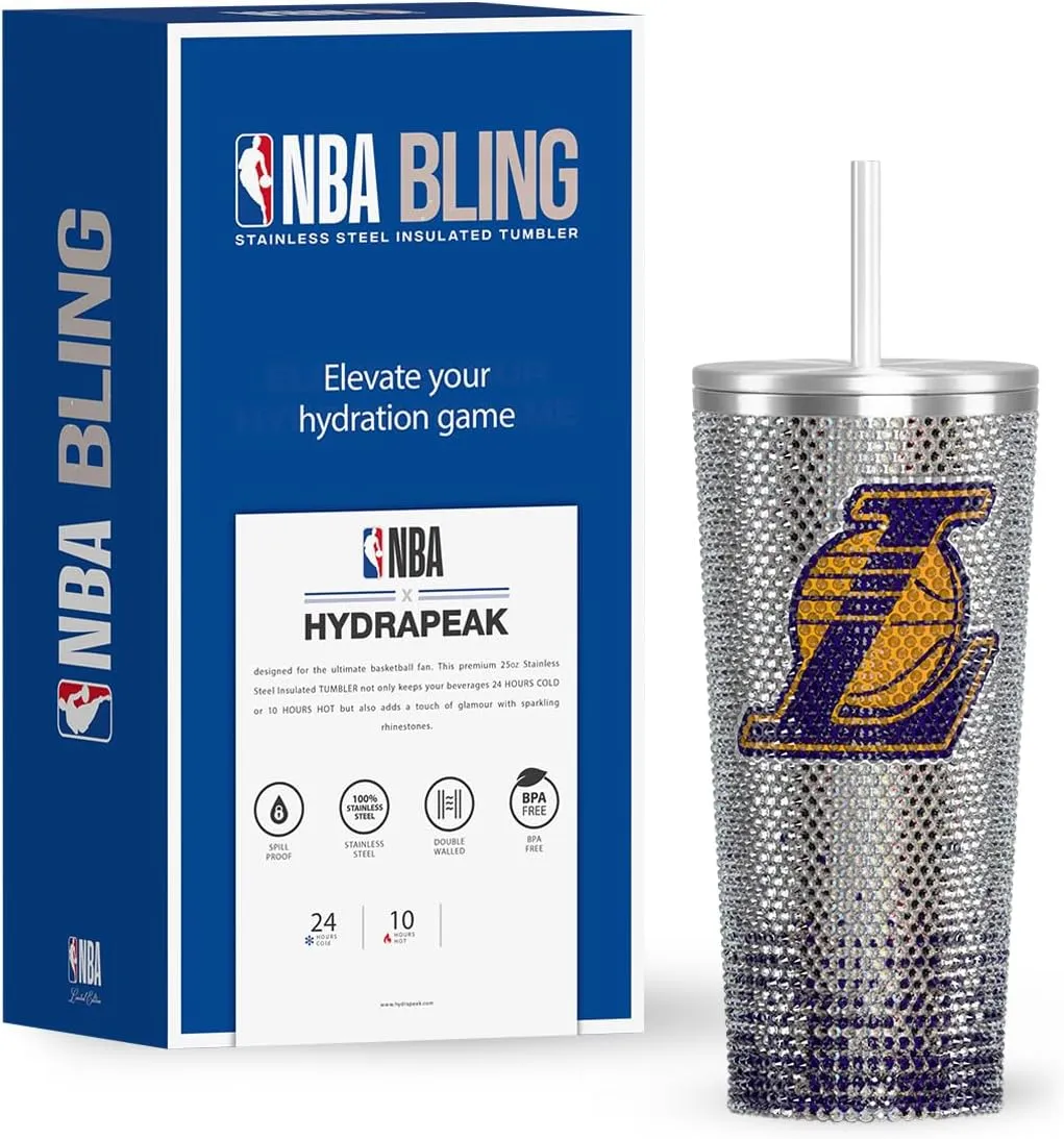 Hydrapeak x NBA Officially Licensed Los Angeles Lakers 25 oz Rhinestone Bling Tumbler with Straw Lid, Glitter Leakproof Stainless Steel Water Bottle