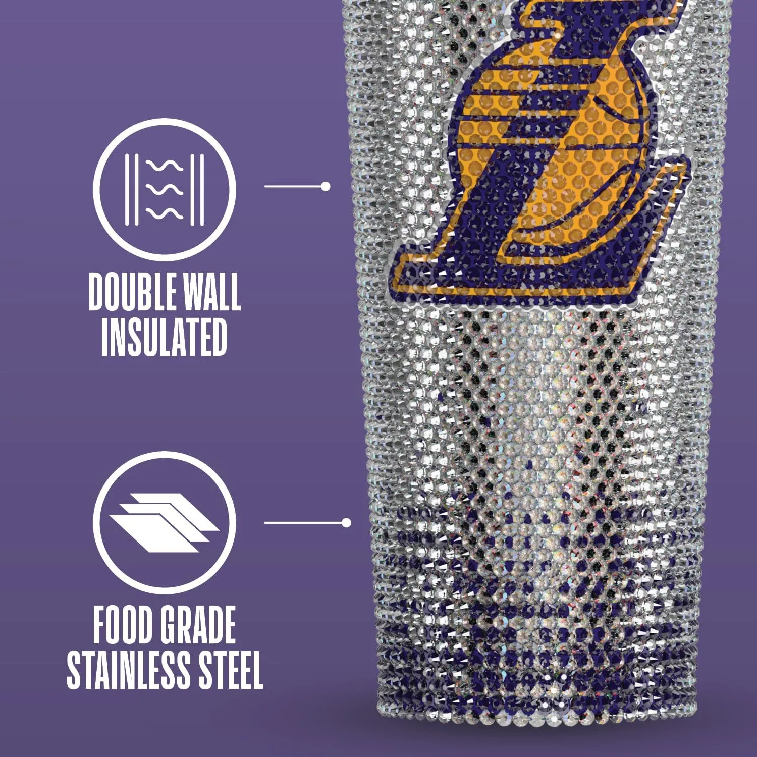 Hydrapeak x NBA Officially Licensed Los Angeles Lakers 25 oz Rhinestone Bling Tumbler with Straw Lid, Glitter Leakproof Stainless Steel Water Bottle