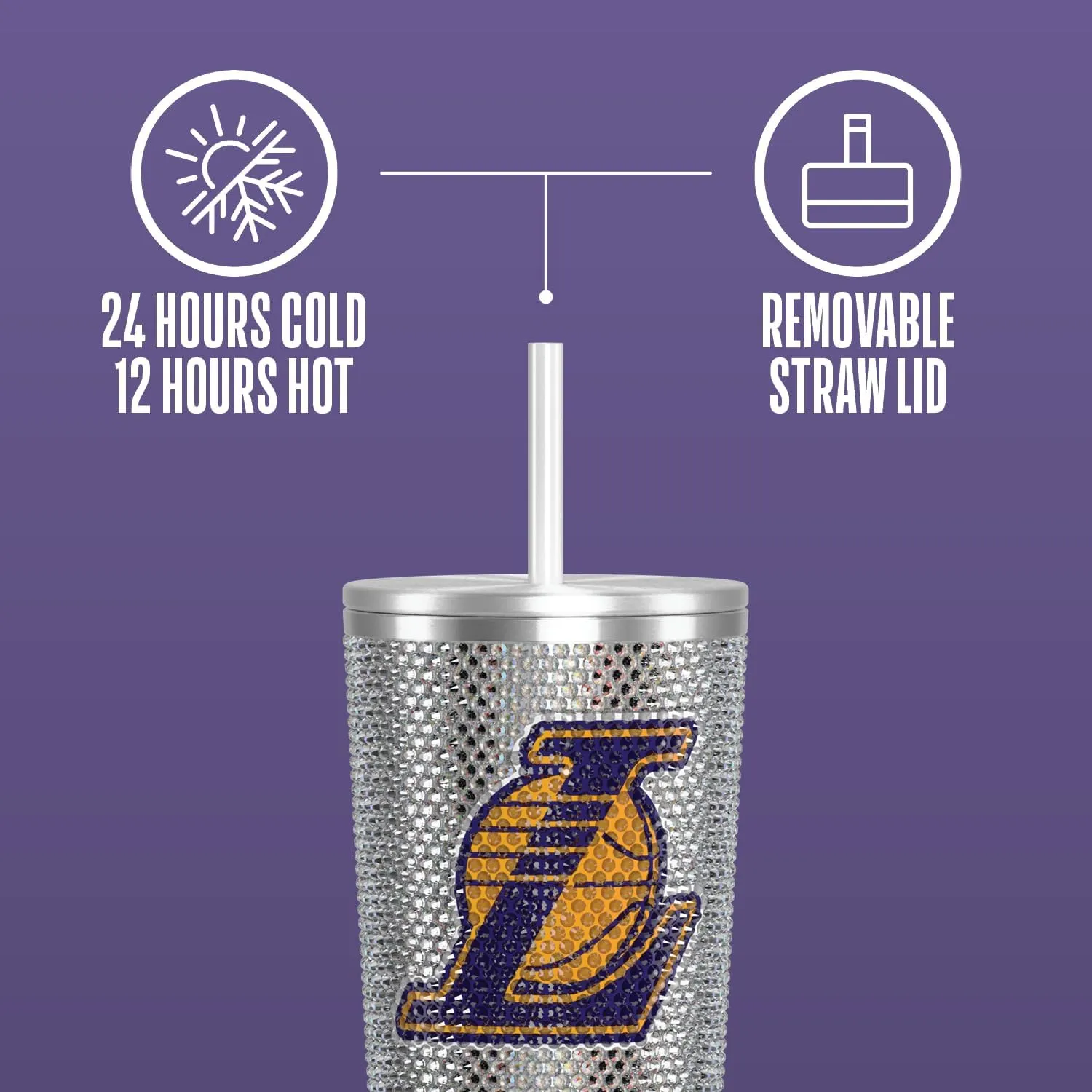 Hydrapeak x NBA Officially Licensed Los Angeles Lakers 25 oz Rhinestone Bling Tumbler with Straw Lid, Glitter Leakproof Stainless Steel Water Bottle