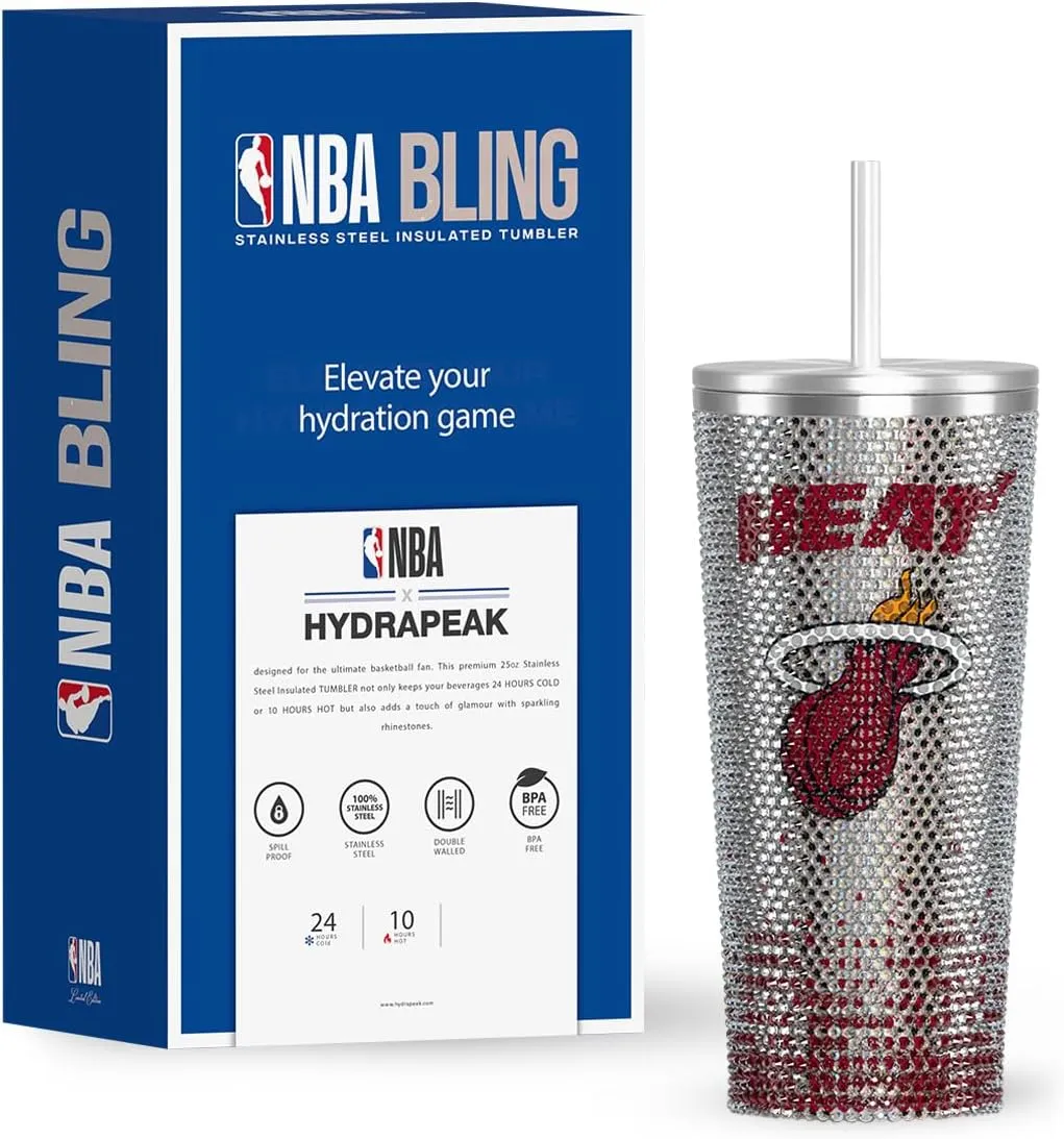 Hydrapeak x NBA Officially Licensed Miami Heat 25 oz Rhinestone Bling Tumbler with Straw Lid, Glitter Leakproof Stainless Steel Water Bottle