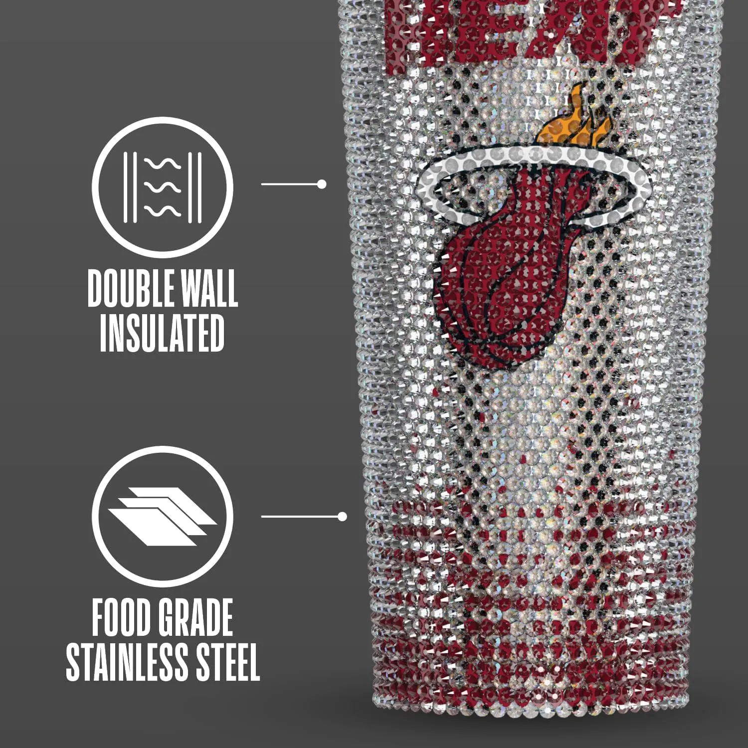 Hydrapeak x NBA Officially Licensed Miami Heat 25 oz Rhinestone Bling Tumbler with Straw Lid, Glitter Leakproof Stainless Steel Water Bottle