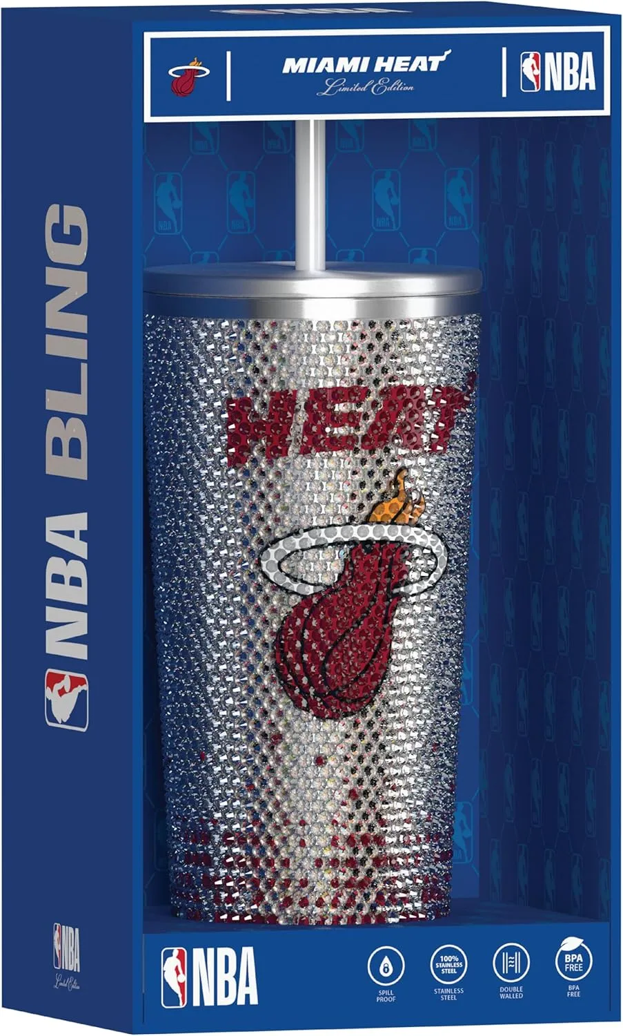 Hydrapeak x NBA Officially Licensed Miami Heat 25 oz Rhinestone Bling Tumbler with Straw Lid, Glitter Leakproof Stainless Steel Water Bottle