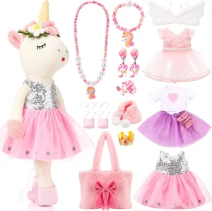 HyDren 15 Pcs Unicorn Stuffed Animal Toys for Girls Plush Ballerina Doll Set Including Clothes Wings Bag Jewelry Accessories Unicorn Toy Christmas Birthday Gift for Little Girls