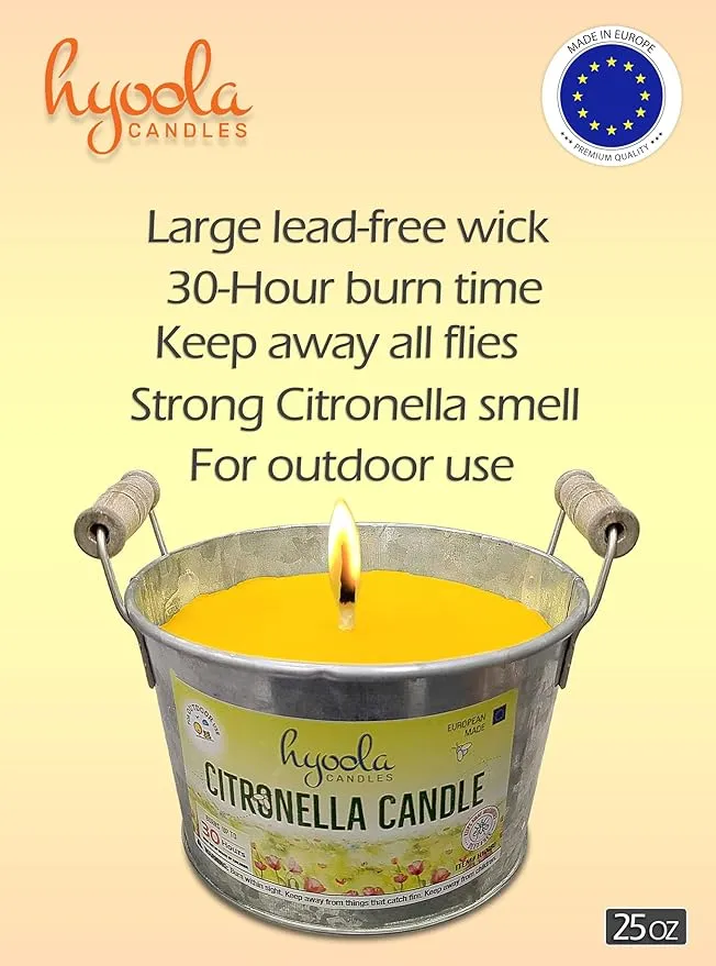 HYOOLA Large Citronella Candles Outdoor Bucket - 30 Hour - Natural Repellent - European Made