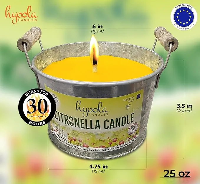 HYOOLA Large Citronella Candles Outdoor Bucket - 30 Hour - Natural Repellent - European Made