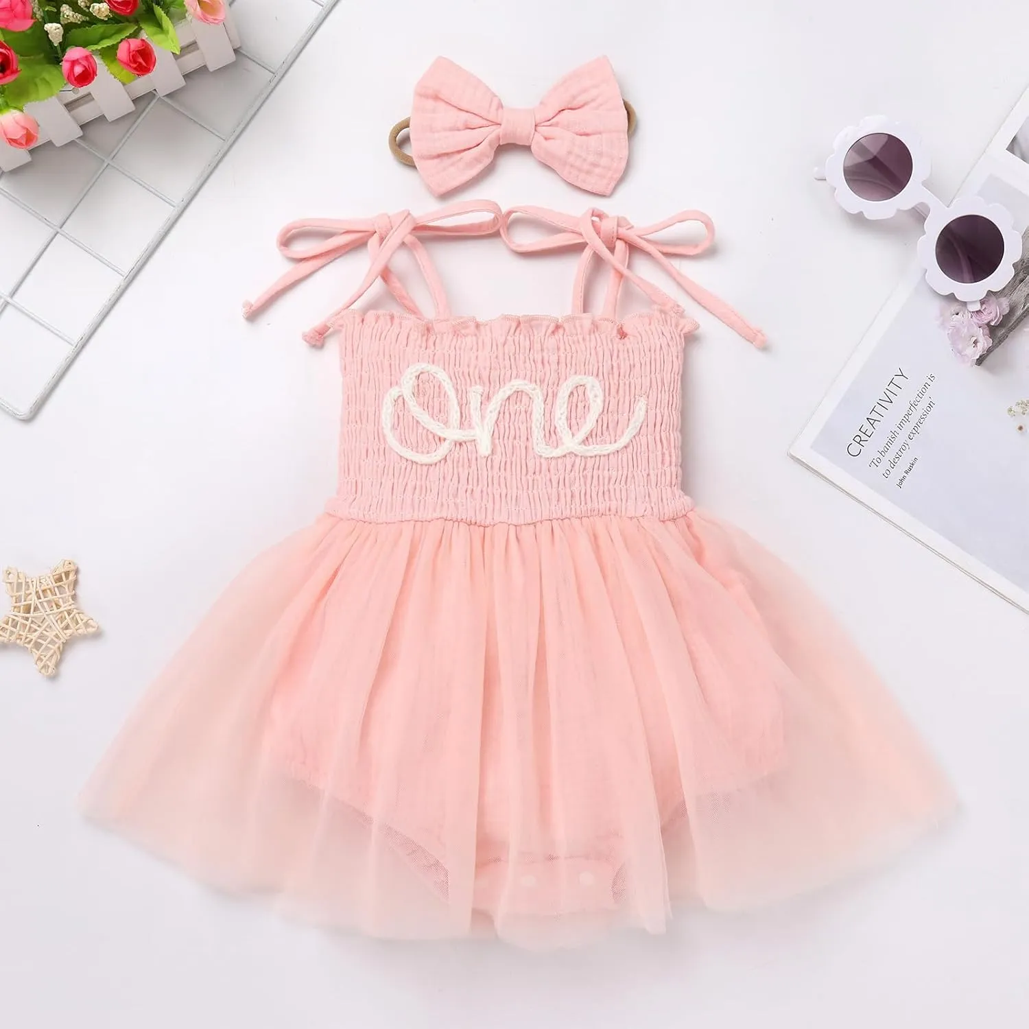 IBTOM CASTLE Baby Girl 1st Birthday Outfit Floral Strawberry Smocked Tutu Dress One Year Old Birthday Cake Smash Photoshoot