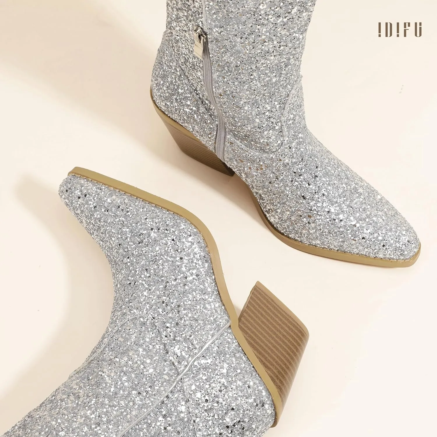 IDIFU IN3 Sparkly Cowboy Cowgirl Boots for Women Knee High Tall Long Glitter Dress Low Chunky Block Heel Sequin Sparkle Wedding Party Date Bride Ladies Bling Shiny Boots