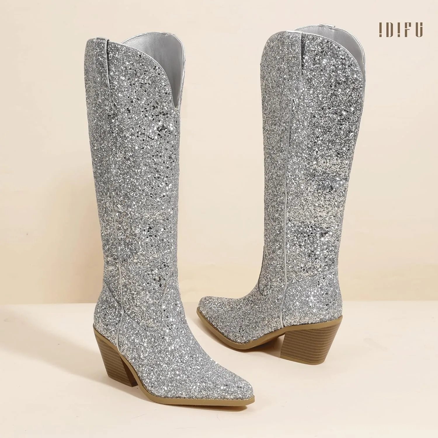 IDIFU IN3 Sparkly Cowboy Cowgirl Boots for Women Knee High Tall Long Glitter Dress Low Chunky Block Heel Sequin Sparkle Wedding Party Date Bride Ladies Bling Shiny Boots