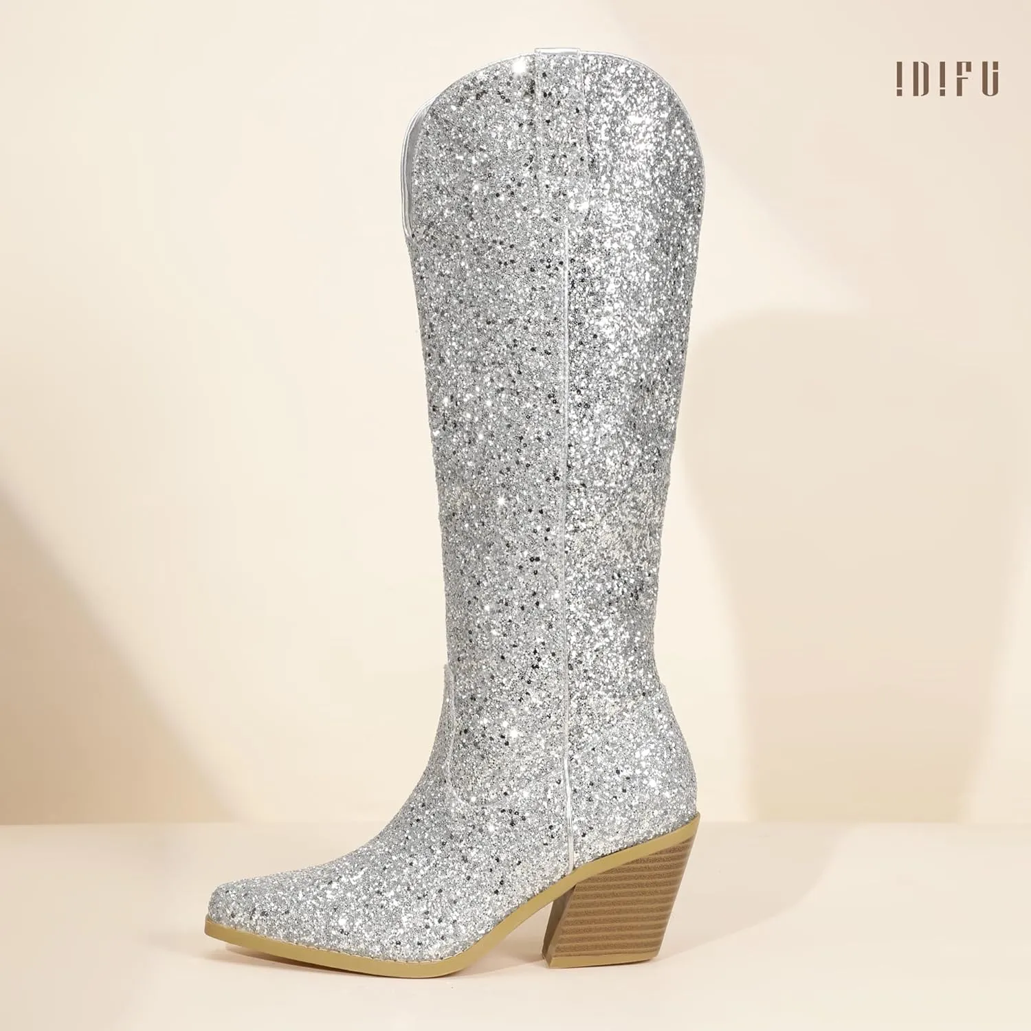 IDIFU IN3 Sparkly Cowboy Cowgirl Boots for Women Knee High Tall Long Glitter Dress Low Chunky Block Heel Sequin Sparkle Wedding Party Date Bride Ladies Bling Shiny Boots