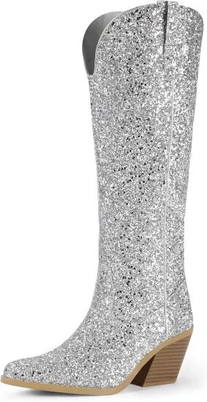 IDIFU IN3 Sparkly Cowboy Cowgirl Boots for Women Knee High Tall Long Glitter Dress Low Chunky Block Heel Sequin Sparkle Wedding Party Date Bride Ladies Bling Shiny Boots