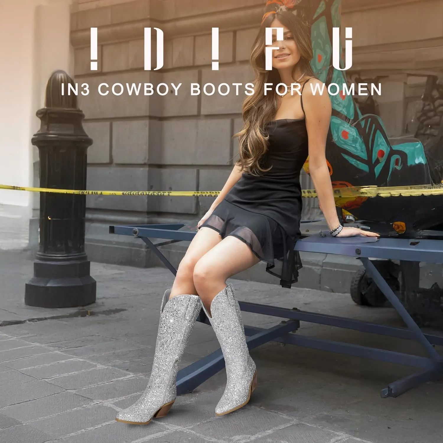 IDIFU IN3 Sparkly Cowboy Cowgirl Boots for Women Knee High Tall Long Glitter Dress Low Chunky Block Heel Sequin Sparkle Wedding Party Date Bride Ladies Bling Shiny Boots