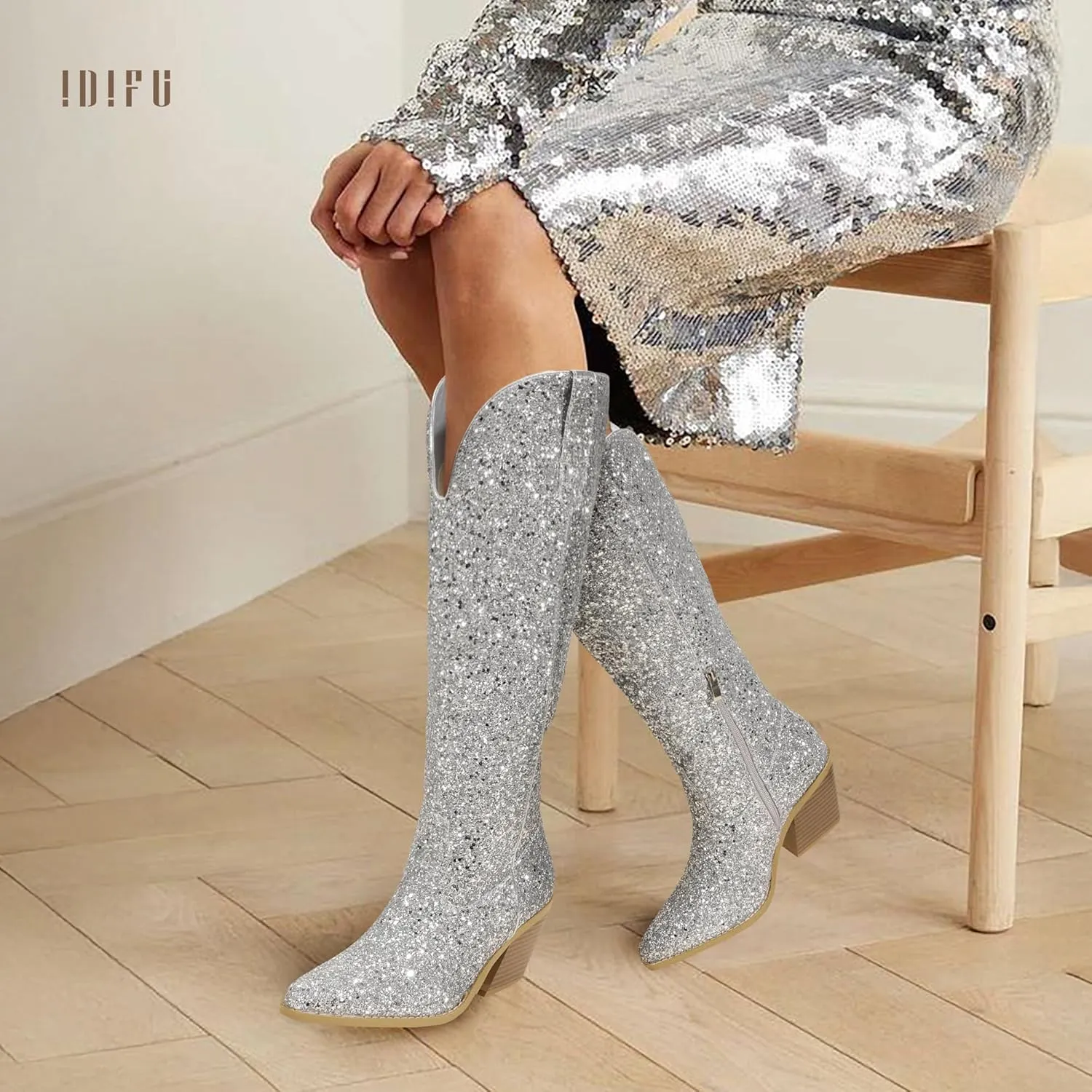 IDIFU IN3 Sparkly Cowboy Cowgirl Boots for Women Knee High Tall Long Glitter Dress Low Chunky Block Heel Sequin Sparkle Wedding Party Date Bride Ladies Bling Shiny Boots