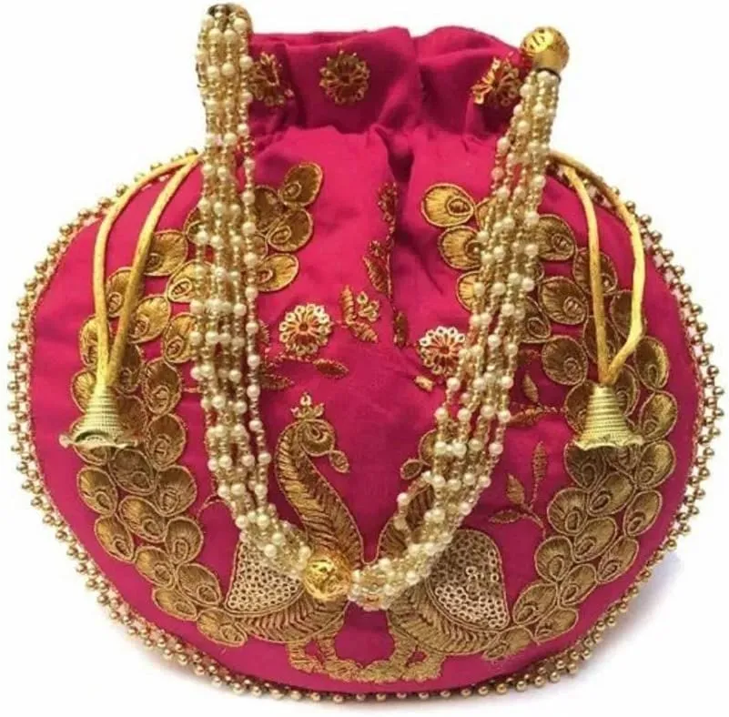 IGH Wholesale Lot | Handmade Embroidered Clutch Purse Potli Bag Drawstring Pouch Bag Peacock Embroidered Potli